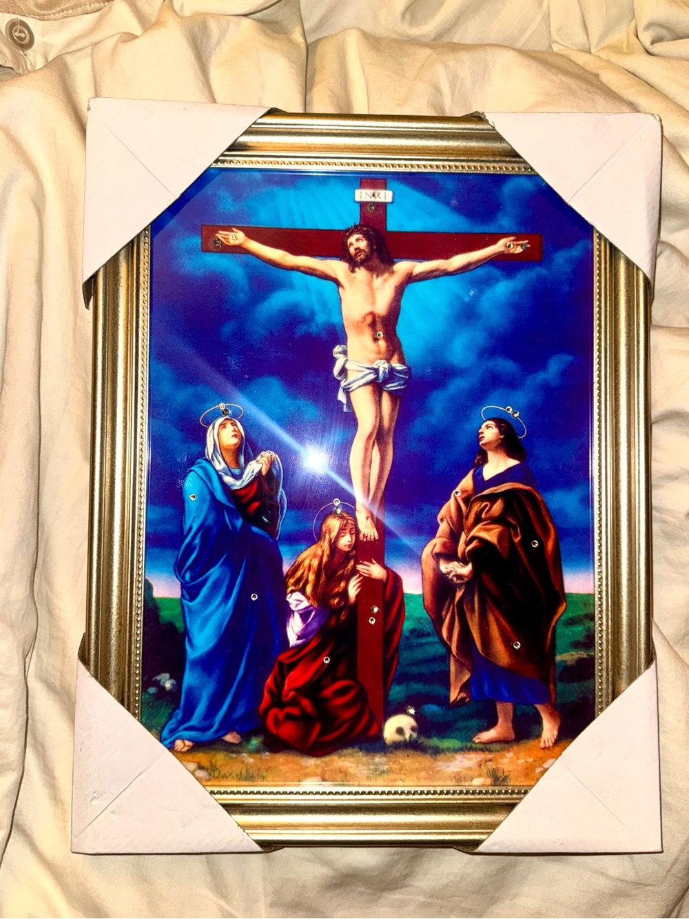 Religious Crucifixion Wall Art - Blue and Gold Tones